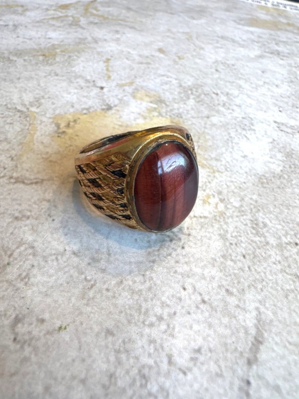 Tiger's Eye Brown Stone Ring 1/20 10K Gold Tone Size 10 Unisex
